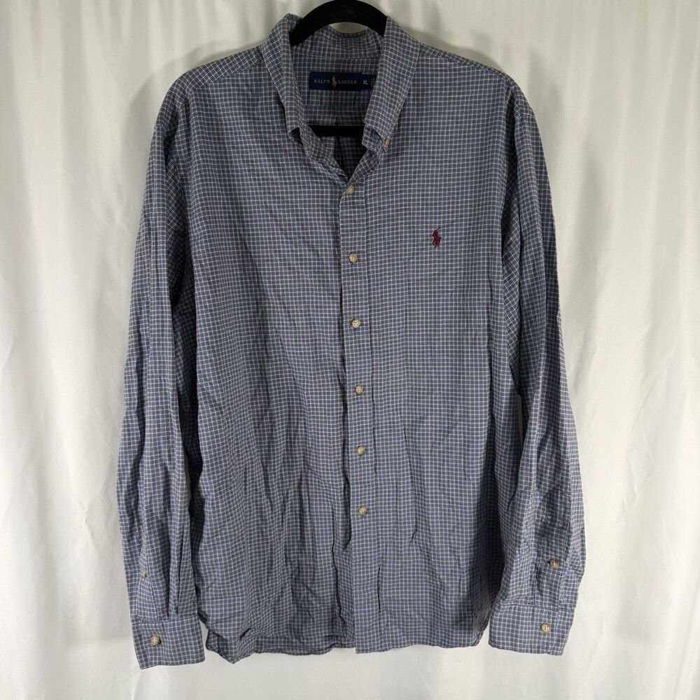 Ralph Lauren Dress Shirt Men's XL Blue Plaid Button Up Long Sleeve 100% Cotton - Picture 1 of 11